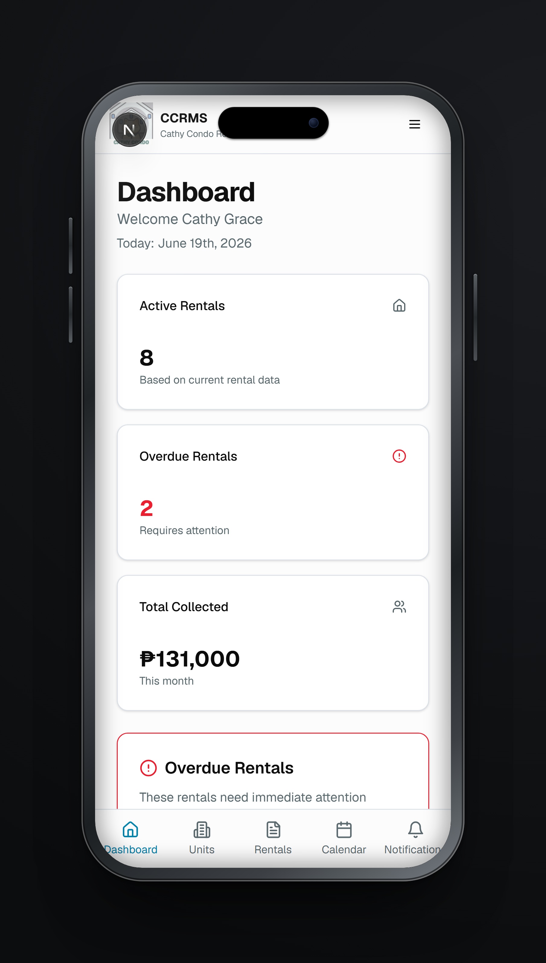 Cathy CCRMS — Condo Rental Management PWA — system screenshot